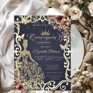Gouden Glitterjurk, Frame Vlinder Bloem Kaart