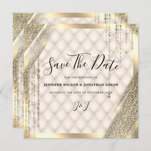 Gouden Glitters Bewaar de datum Ivoren Uitnodiging (Voorkant / Achterkant)