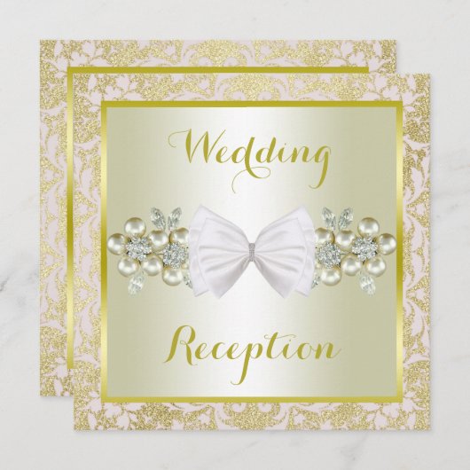 Gouden Glitters, Diamond Gem & Bow Wedding Recepti Kaart (Voorkant / Achterkant)
