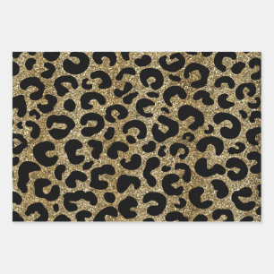 Gouden glitters glans & zwart luipaardprint patroo inpakpapier vel