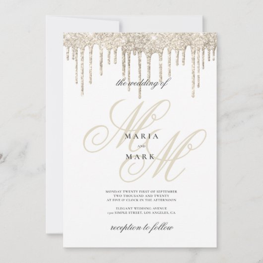 Gouden glitters glazuur monogram initiaal bruiloft kaart (Voorkant)