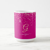 Gouden Glitters & Monogram Wit Script Naam, Fuchsi Koffiemok (Center)
