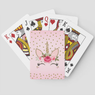 Gouden Glitters & Roze Bloem Eenhoorn Trendy Moppi Pokerkaarten