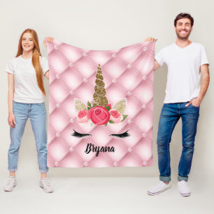 Gouden Glitters & Roze Rozen Eenhoorn Meisje Trend Fleece Deken