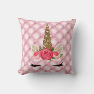 Gouden Glitters & Roze Rozen Eenhoorn Meisje Trend Kussen