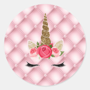 Gouden Glitters & Roze Rozen Eenhoorn Verjaardagsf Ronde Sticker