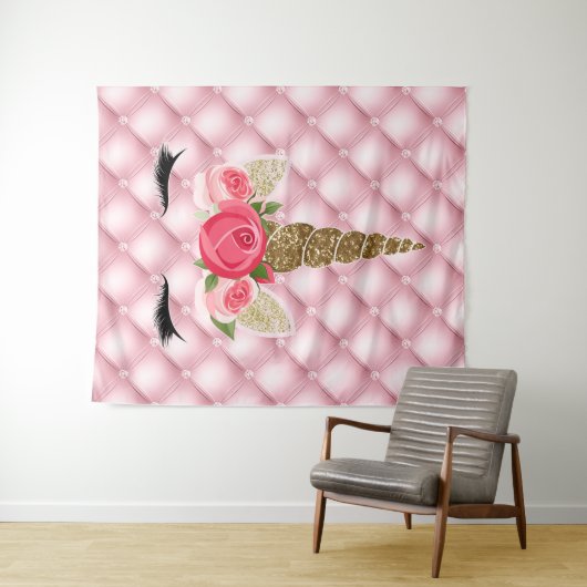Gouden Glitters & Roze Rozen Eenhoorn Verjaardagsf Wandkleed (In Situ (horizontaal))