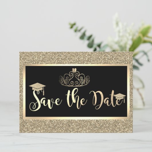 Gouden glitters, tiara afstudeerdata bewaren save the date (Staand voorkant)