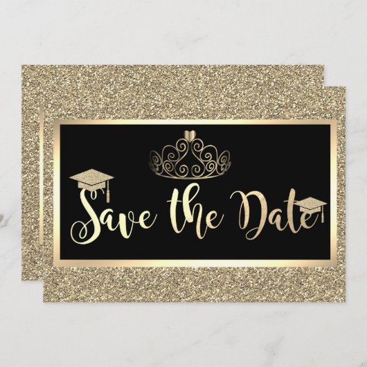 Gouden glitters, tiara afstudeerdata bewaren save the date (Voorkant / Achterkant)