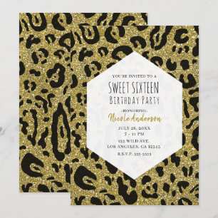 Gouden Glitters Zwarte Cheetah Luipaard Sweet 16 F Kaart