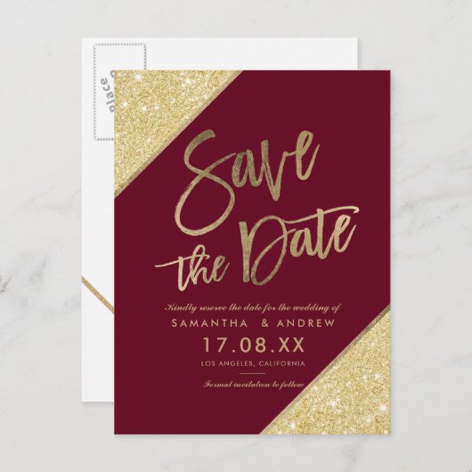 Gouden glitterscript marsala rood save the date aankondigingskaart (Voorkant / Achterkant)