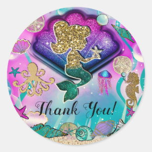 Gouden glittersirene & schelpen onderzee feestje ronde sticker