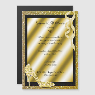 Gouden Glittery Stiletto & Streamers 70e verjaarda Magnetische Uitnodiging