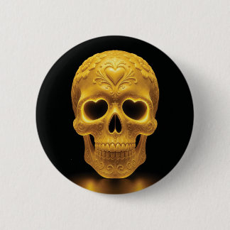 Gouden Glow Suiker Schedel — Hartogen, Zwart Veld Ronde Button 5,7 Cm