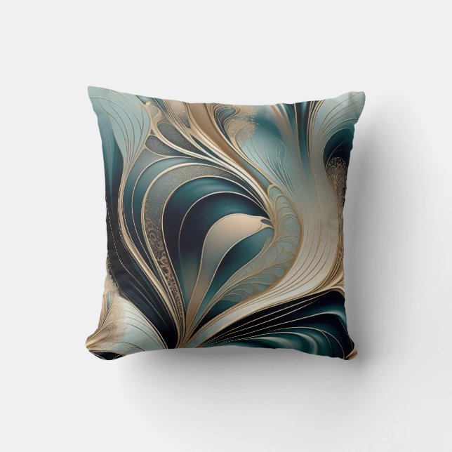 Gouden Golf - Turquoise en Goud Abstracte Kunst Kussen (Voorkant)