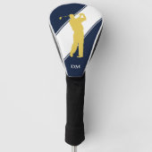 Gouden Golfer op Blauw Wit Monogram Golfheadcover (Voorkant)