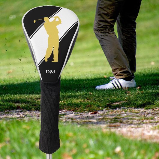 Gouden Golfer op zwart-wit Monogram Golfheadcover