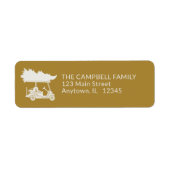 Gouden golfkar met kerstboom retouradres etiket (Voorkant)