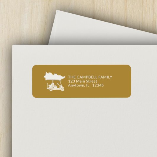 Gouden golfkar met kerstboom retouradres etiket