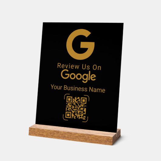 Gouden Google Review QR Code Zwart Acryl Bord (Hoek)