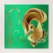 Gouden goudvis op groen folie monogram | legpuzzel (Horizontaal)