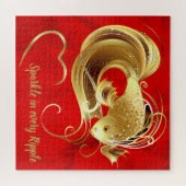 Gouden goudvis op rode folie monogram | legpuzzel (Horizontaal)