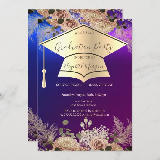 Gouden Graduation Cap, Bloemen Afstuderen Kaart (Voorkant / Achterkant)