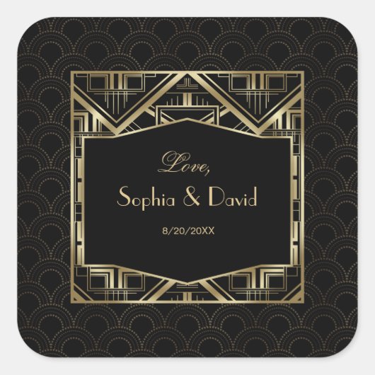 Gouden Great Gatsby Art Deco stijl bruiloft Vierkante Sticker (Voorkant)