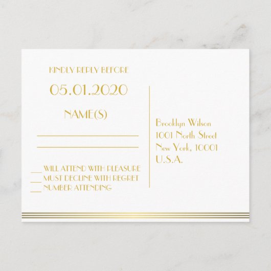 Gouden Great Gatsby-huwelijk RSVP-briefkaarten Uitnodiging Briefkaart (Achterkant)