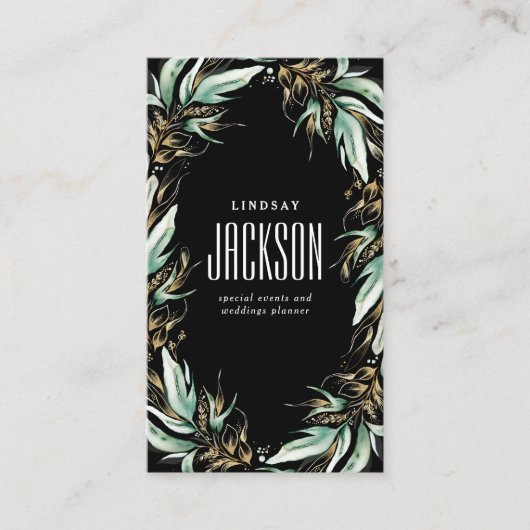 Gouden Greenery Krans Stijlvolle Luxe Solid Black Visitekaartje (Voorkant)