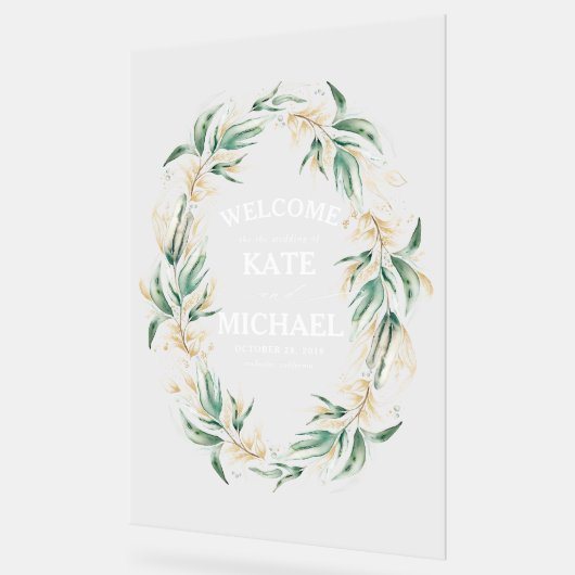 Gouden groen bladeren krans bruiloft welkom acryl bord (Hoek)
