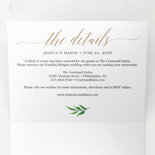 Gouden groen Bruiloft Tri-Fold Uitnodigingen (Binnenzijde eerst)