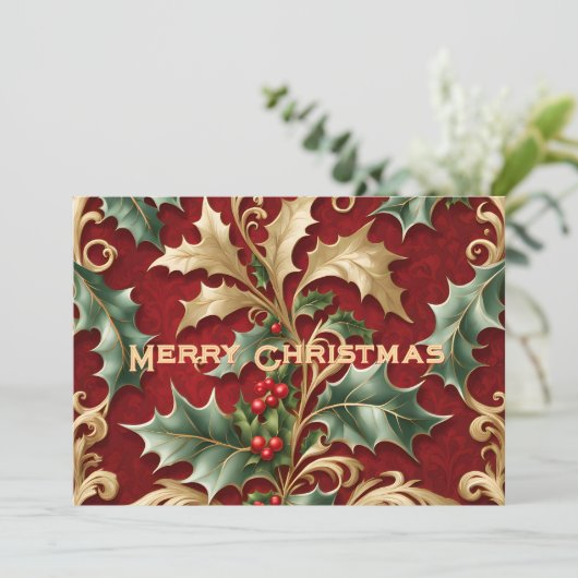 Gouden groene bladeren Rode Kerst Holiday Kaart (Staand voorkant)