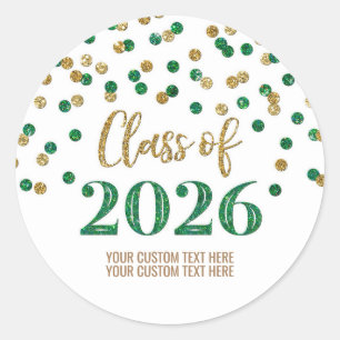 Gouden groene confetti afstudeerfeest 2026 ronde sticker
