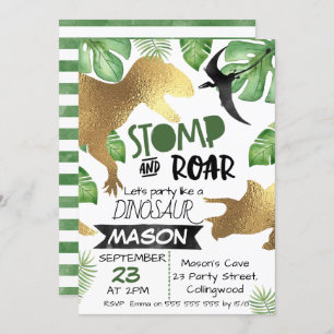 Gouden Groene Dinosaurus Verjaardag uitnodiging