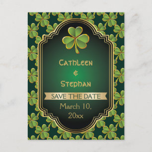 Gouden, groene Ierse klaverbruiloft Save the Date Aankondigingskaart