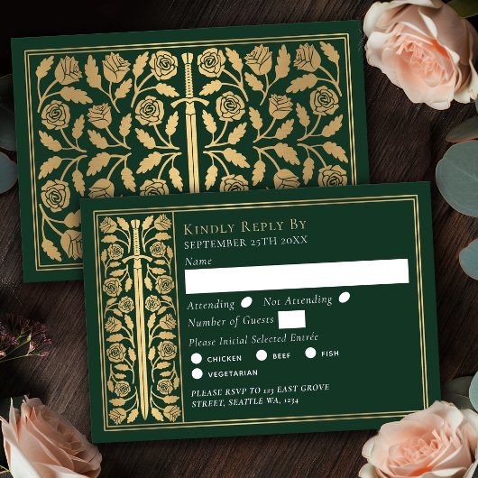 Gouden Groene Middeleeuwse Zwaard Huwelijks RSVP Kaartje