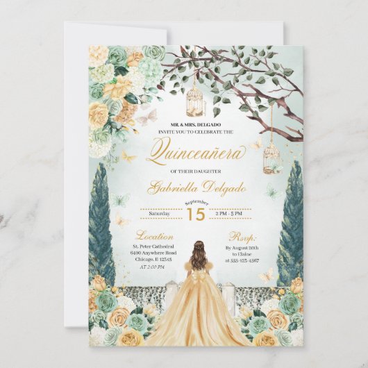 Gouden Groene Prinses Betoverde Tuin Quinceanera Kaart (Voorkant)