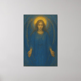 Gouden Halo Zegenende Engel – Gewijde Blauwe Vleug Canvas Afdruk