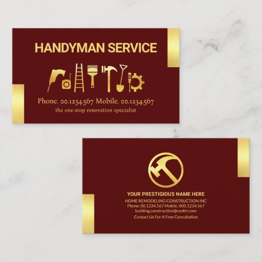 Gouden Handyman Gereedschap met Gouden Tabs Visitekaartje (Voorkant / Achterkant)