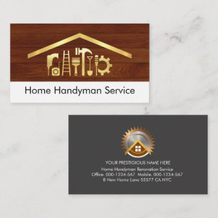 Gouden Handyman Gereedschap op houten paneel Visitekaartje