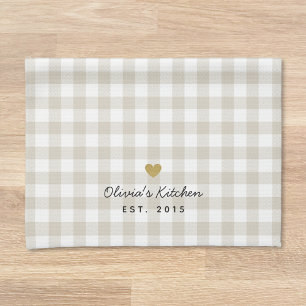 Gouden Hart Beige Buffalo Check Geschenk met Naam Theedoek
