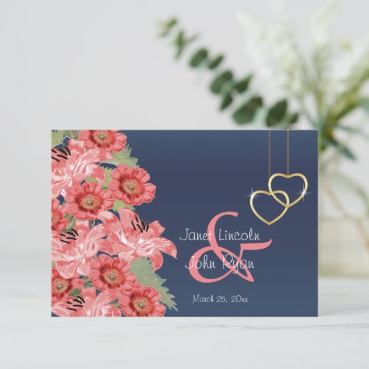 Gouden Hart en Koraal Bloemen - RSVP (Staand voorkant)