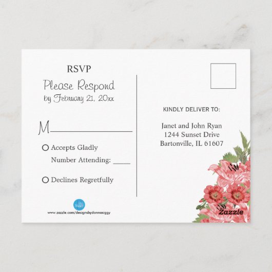 Gouden Hart en Koraal Bloemen - RSVP Briefkaart (Achterkant)