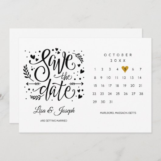 Gouden Hart Kalender Zwart en Wit Save The Date (Voorkant / Achterkant)