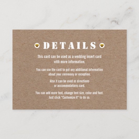 Gouden hart karton bruiloft details insert kaart (Voorkant)