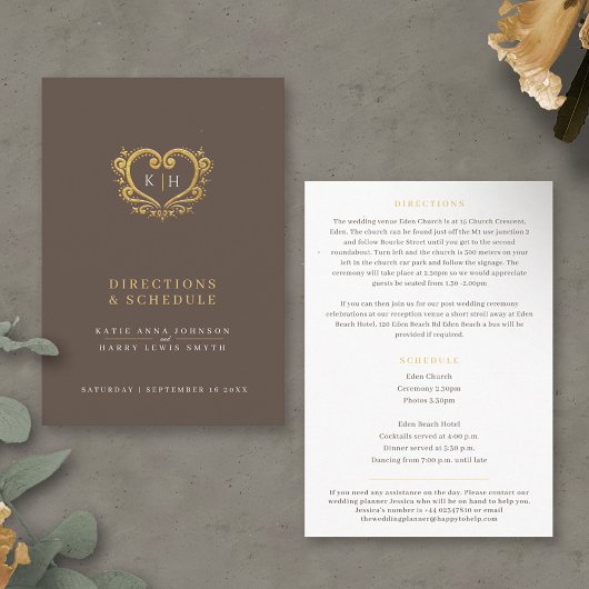 Gouden hart monogram bruiloft routebeschrijving sc informatiekaartje