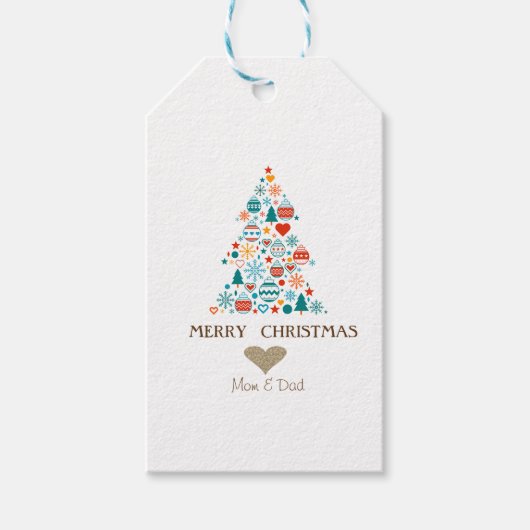 Gouden Hart, Pine Tree Kleurrijke Ballen Kerstmis Cadeaulabel (Voorkant)