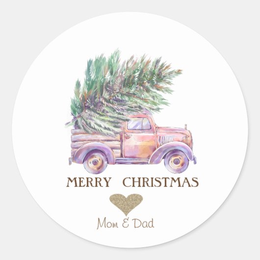 Gouden Hart, Roze Vrachtwagen Pine Trees Kerstmis Ronde Sticker (Voorkant)