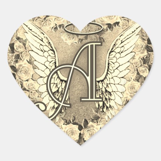 Gouden Hart Rozen Angel Wings Monogram Sticker (Voorkant)